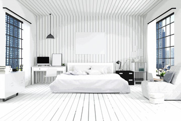 3D rendering : illustration of big spacious bedroom in soft light color.big comfortable double bed in modern bedroom.interior design of house. wooden tile house.filtered image to comic halftone