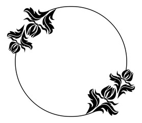 Black and white round frame with flowers silhouettes. 