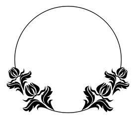 Fototapeta na wymiar Black and white round frame with flowers silhouettes. 