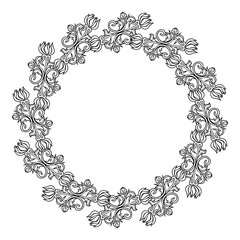 Black and white round frame with flowers silhouettes. 