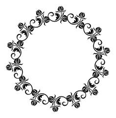 Black and white round frame with flowers silhouettes. 