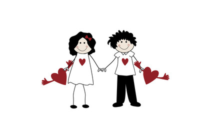 Pareja de enamorados con corazones rojos.