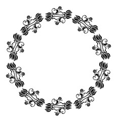 Black and white round frame with flowers silhouettes. 