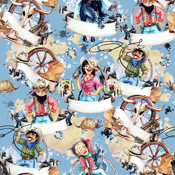 Cowboys and Cowgirls. Watercolor seamless pattern