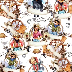 Tuinposter Cowboys and Cowgirls. Watercolor seamless pattern © nataliahubbert