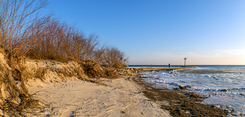 Panoramic view of Baltic coast near the port of Jastarnia on Hel Peninsula in Poland. Winter time. 