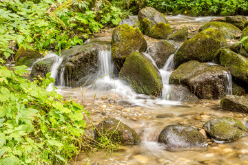 Der Bach fließt über natürliche Steinstufen hinweg