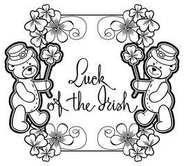 Outline  frame with shamrock contour and teddy bear. Vector clip art.