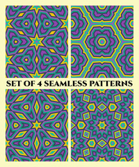Seamless patterns of violet, green, yellow and teal shades