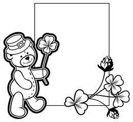 Outline  frame with shamrock contour and teddy bear. Vector clip art.