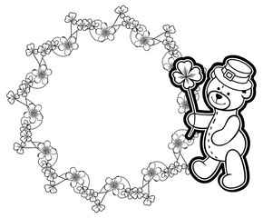 Outline round frame with shamrock contour and teddy bear. Vector clip art.