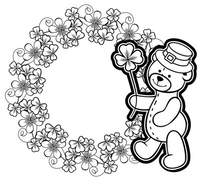 Outline round frame with shamrock contour and teddy bear. Vector clip art.