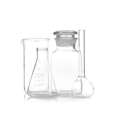 Clean laboratory glassware on white background