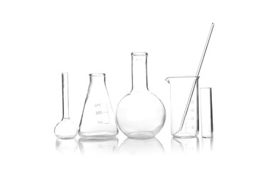 Clean laboratory glassware on white background