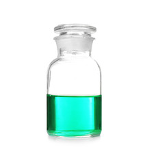 Test glass bottle with blue sample isolated on white