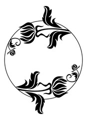 Black and white round frame with flowers silhouettes. 