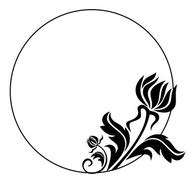 Black and white round frame with flowers silhouettes. 