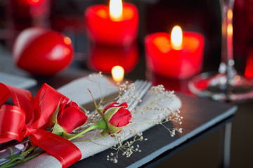 Table place setting with holidays decoration.