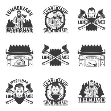 Lumberjack set of vector vintage emblems, labels, badges and logos in monochrome style on white background