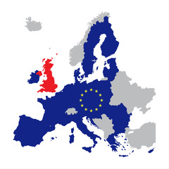 Map of Europe with European Union members and red Great Britain