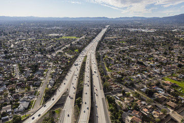 Aerial view of Route 118 freeway crossing the San Fernando Valley in Los Angeles, California.