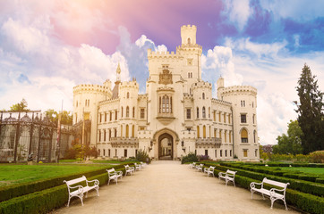 Fototapeta na wymiar Famous Czech castle Hluboka nad Vltavou, medieval building with beautiful park, travel outdoor european background