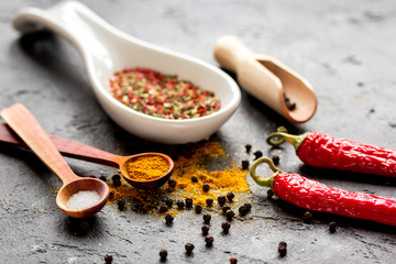 spices in wooden spoon on dark background