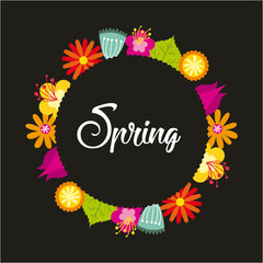 wreath of flowers over black background. spring season concept. colorful design. vector illustration