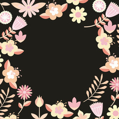 frame of flowers and leaves over black background. colorful design. spring season concept. vector illustration