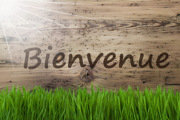 Sunny Wooden Background, Gras, Bienvenue Means Welcome