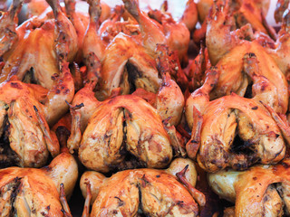 Roasted chicken in Thailand morning market.