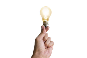 Man's hand holding an incandescent bulb isolated on white background with clipping path concept for...