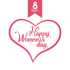happy womens day card with pink heart icon over white background. colorful design. vector illustration