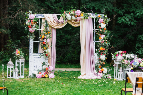 Beautiful Wedding Ceremony Outdoors Decorated Chairs Stand