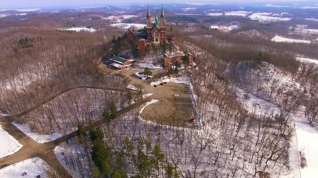 Aerial view of the spires of beautiful Holy Hill Church
