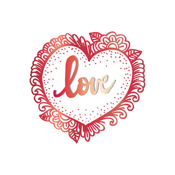  Floral doodle heart frame in decorative style with Love lettering.
