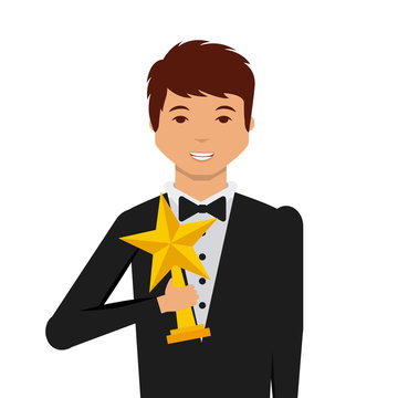 actor holding a star trophy cartoon icon over white background. actors awards concept. colorful design. vector illustration