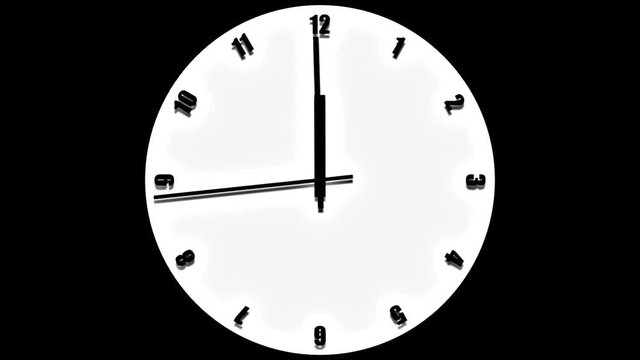 .A clock ticks away until it reaches 12pm midnight. Framed against an alpha matte so that buyers can place it over any background they choose..