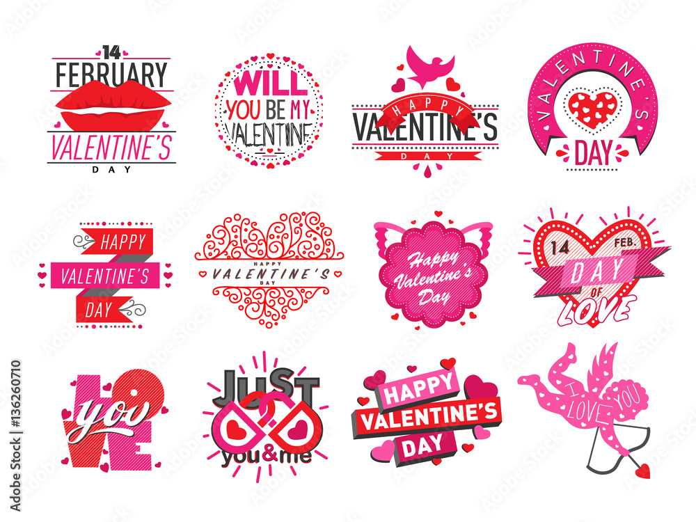 Wall mural 14 february Valentine Day love badges vector illustration. - Wall murals