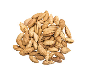 Heap almond nut closeup with shell on white, isolated.