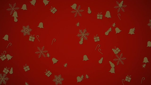 Falling gold animated Christmas ornaments against a red background for holiday use.