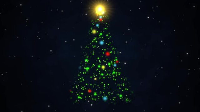 Animated Christmas tree with a bright tree topper poised against a dark, evening background with falling snow
