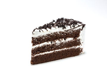 isolated chocolate chip topping on chocolated cake on white back