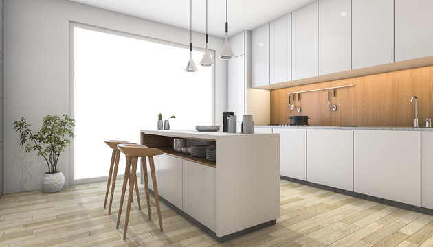 3d rendering white modern kitchen with wood bar