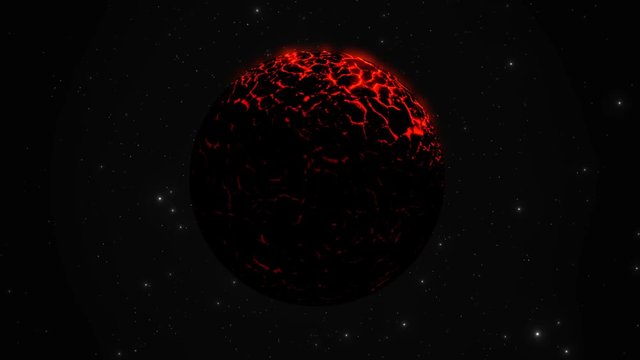 A slowly rotating planet framed against a starry interplanetary background in outer space, has a red hot, molten surface.