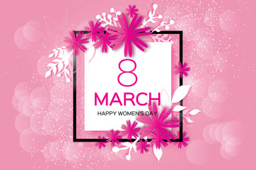Mother's Day. Pink Paper flower, leaves. 8 March. Square frame