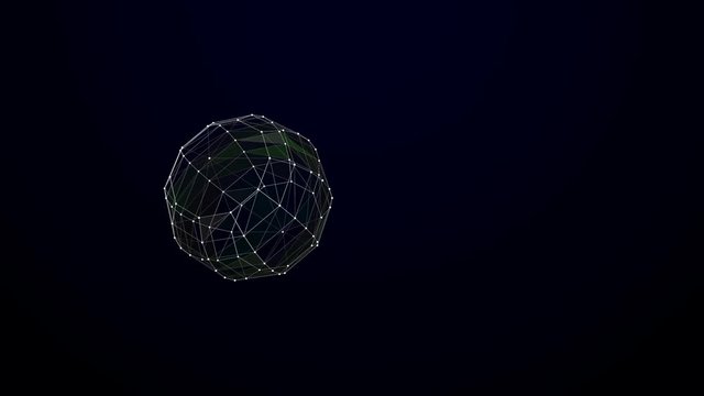 A sphere made of animated connected lines shows the shape rotating and transforming against a dark blue gradient background.