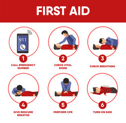 First aid instructions infographics and vector icons of medical 