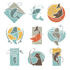 Fishing club or fisherman fish catch vector icons