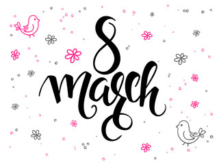 vector hand lettering greetings text - 8 march with doodle flowers and bubbles